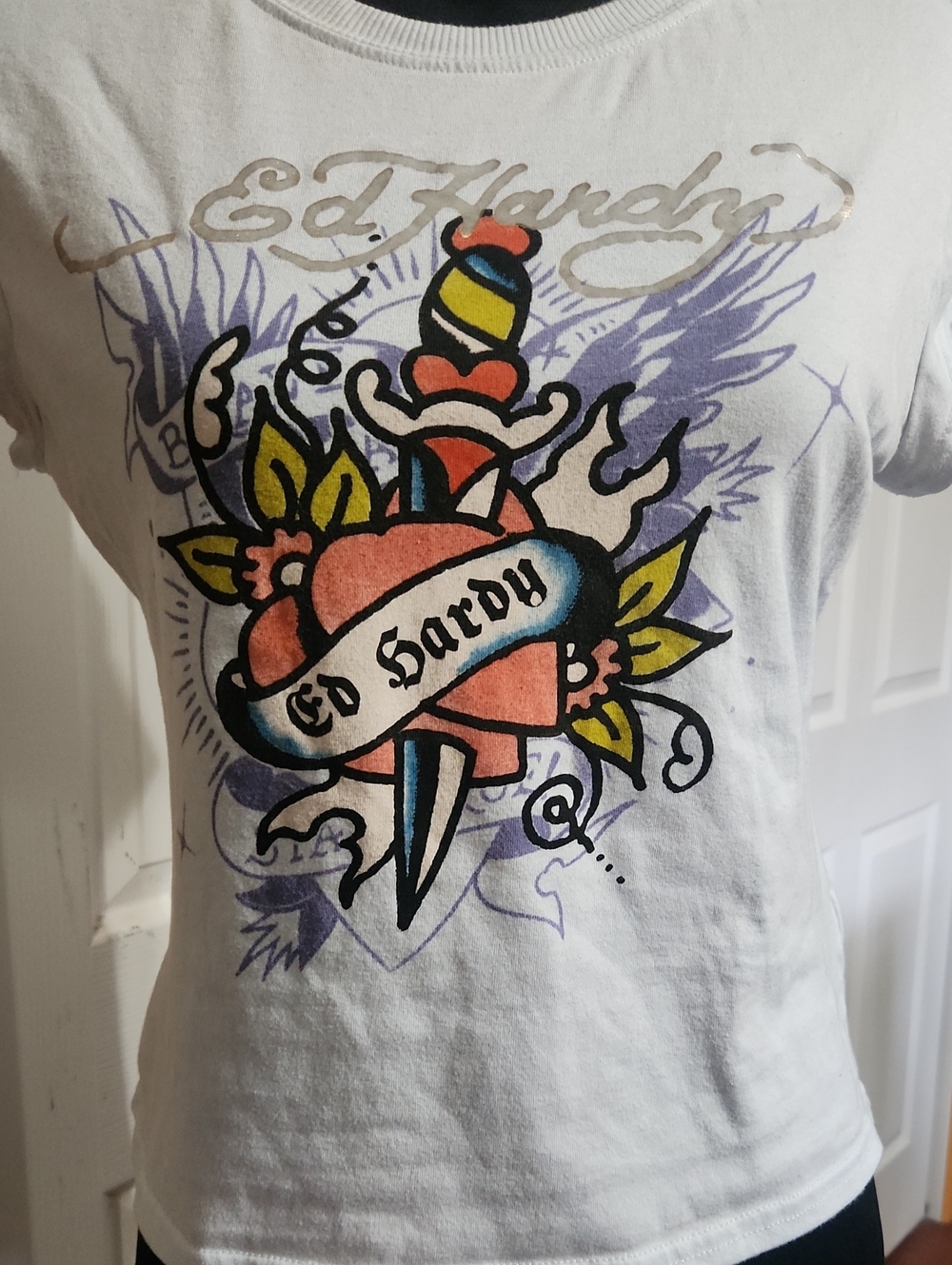 Ed Hardy Lightest Blue Graphic Tattoo Heart Dagger Crop Tee